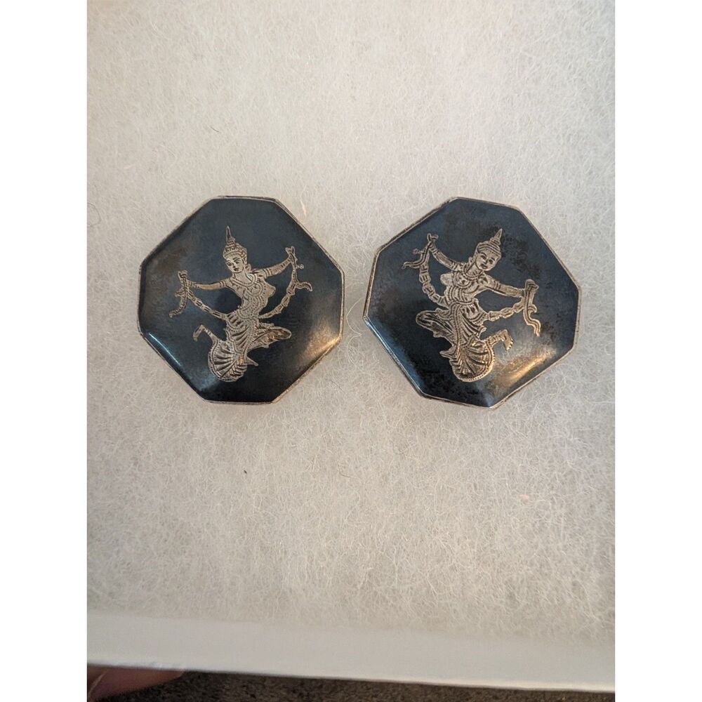 Vintage 1940s Amfarco Siam Sterling Silver Niello Clip On Earrings Octagon